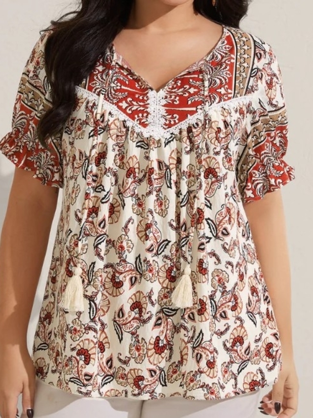 BloomChic Cream and Rust Floral Tassel Boho Blouse